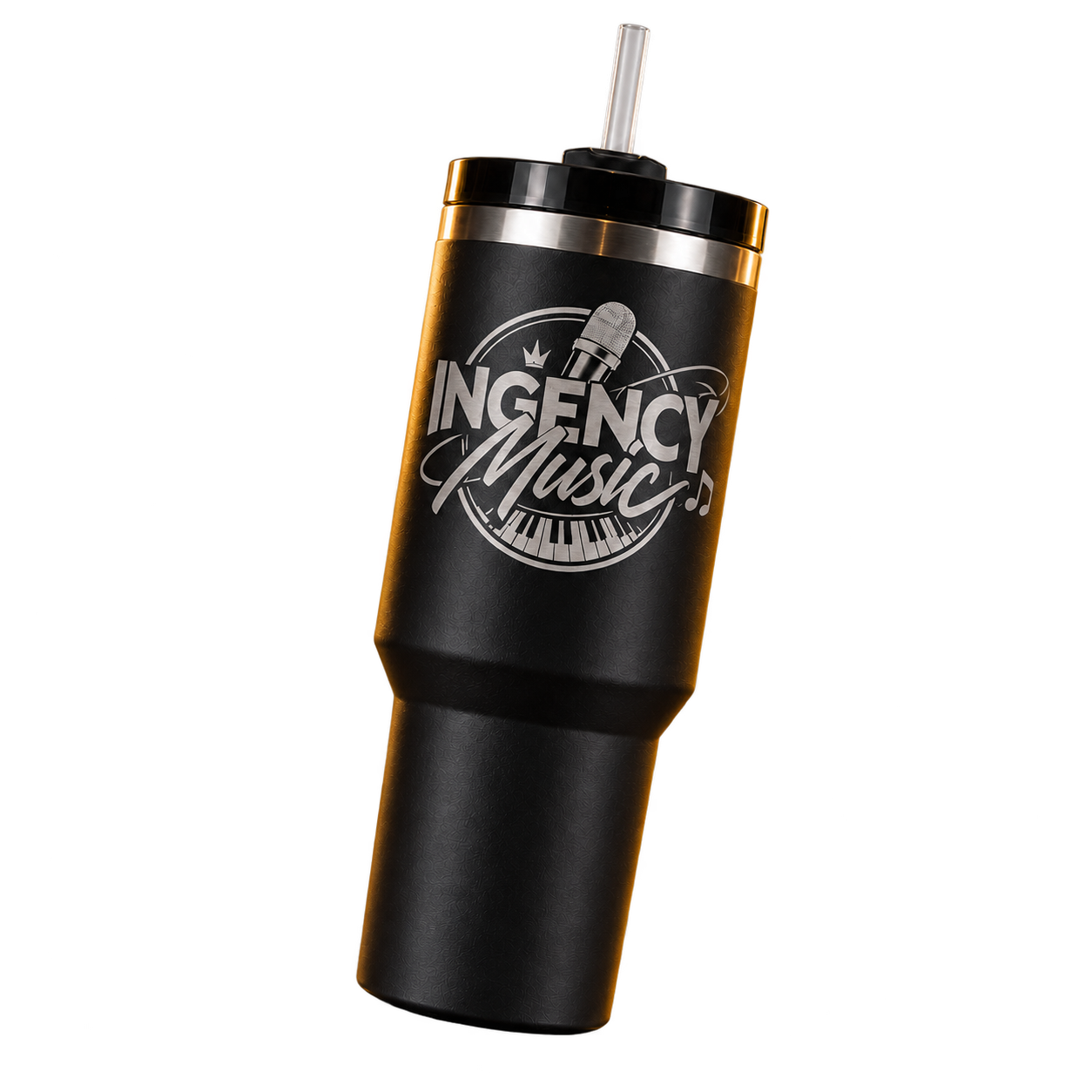 Tumbler noir avec le logo INGENCY Music gravé en gris